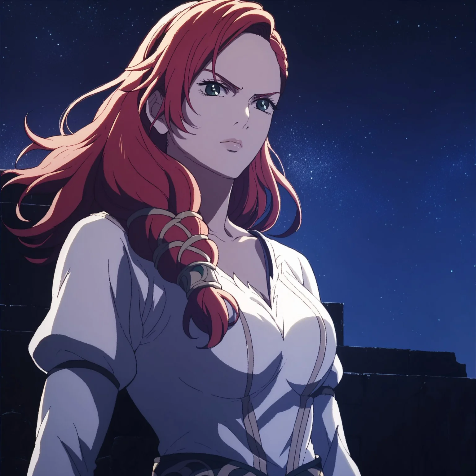 score_9, score_8_up, score_7_up, best quality, warofroh, 1girl, red hair, Hera, white dress, serious, green eyes, standing, looking at viewer, night, night sky, stars