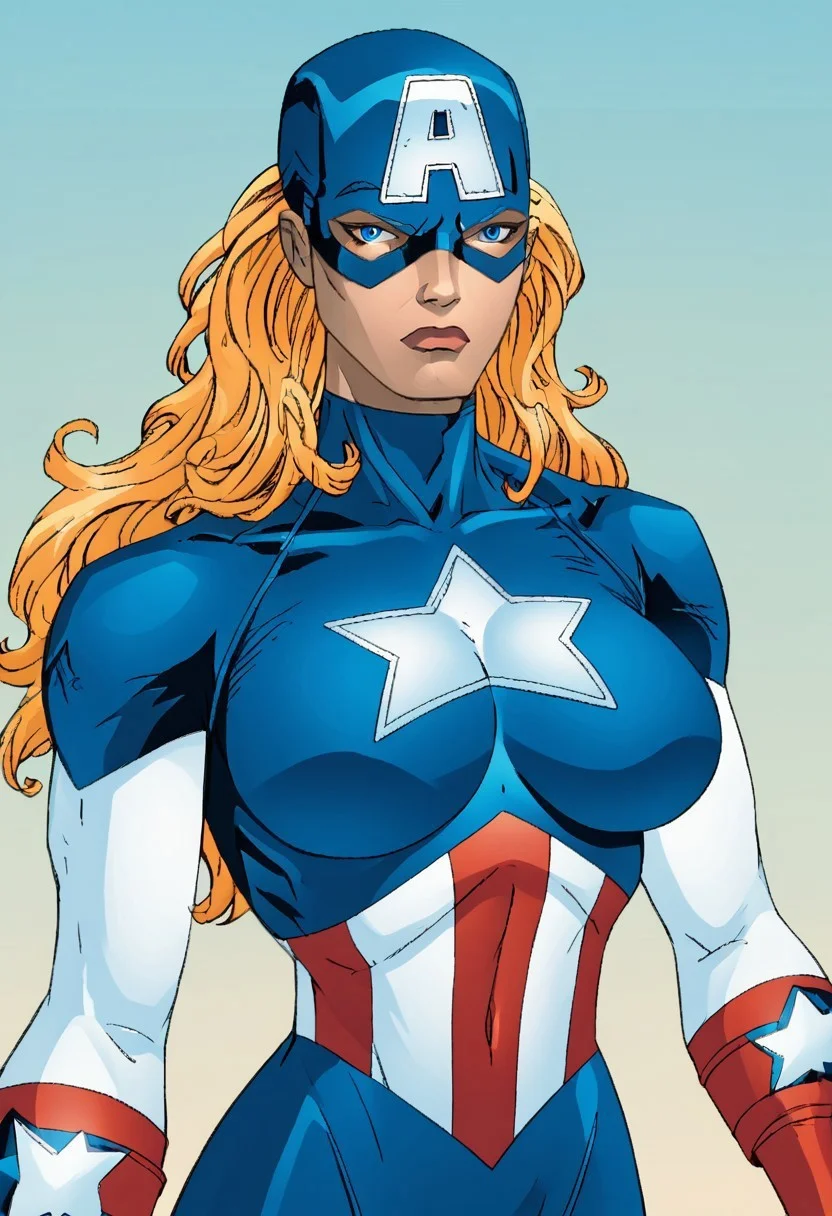 source_painting,score_9, score_8_up, score_7_up, score_6_up, masterpiece, best quality, 1girl, American Dr3am,1girl, long hair, blue eyes, blonde hair, solo,mask,helmet,gloves, , star (symbol) on chest ,bodysuit, white sleeves,zPDXL3, zPDXLxxx, <lora:easynegative:1> solo, huge breasts,,portrait, looking near viewer, gradient background,mouth closed