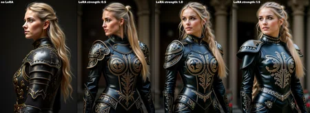 Highly detailed leather armor, The image shows a woman wearing a black and gold suit of armor. The armor is intricately designed with gold accents and patterns. The woman's hair is long and blonde, and she is looking off to the side. The image is likely from a fantasy or medieval setting. The woman's armor is a symbol of power and protection, and her expression suggests that she is ready for battle. The image is well-composed and the lighting is good, making the details of the armor clearly visible.