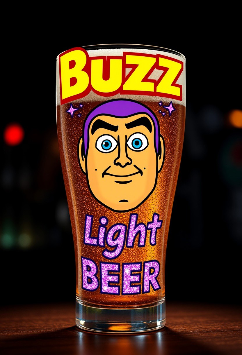 A hyper-stylized image of a glass of lager displayed in a space-themed bar, with an image of Buzz Lightyear's face on the glass. The face is a perfect, pixelated replica of the beloved Toy Story character, with a bold, confident expression. Above the face, the word "Buzz" is emblazoned in blazing yellow font, with a subtle, gradient effect that gives it a sense of depth and dimensionality. Below the face, the phrase "Light Beer" is written in sparkling, galactic purple font, with a few subtle, star-shaped accents that add to the overall sense of cosmic, space-age charm. The glass itself is a sleek, modern design, with a subtle, textured pattern of stars and planets that adds to the overall sense of space-age wonder. The background is a deep, rich black, with a subtle, starry night sky effect that adds to the overall sense of galactic, interstellar adventure. highest-Quality, intricate details, visually stunning, Masterpiece