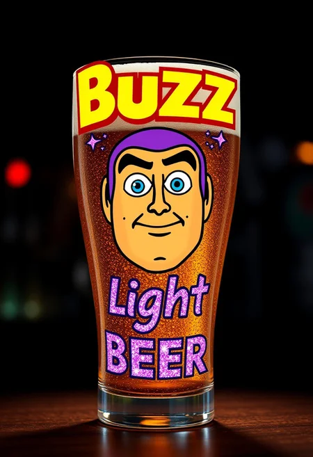 A hyper-stylized image of a glass of lager displayed in a space-themed bar, with an image of Buzz Lightyear's face on the glass. The face is a perfect, pixelated replica of the beloved Toy Story character, with a bold, confident expression. Above the face, the word "Buzz" is emblazoned in blazing yellow font, with a subtle, gradient effect that gives it a sense of depth and dimensionality. Below the face, the phrase "Light Beer" is written in sparkling, galactic purple font, with a few subtle, star-shaped accents that add to the overall sense of cosmic, space-age charm. The glass itself is a sleek, modern design, with a subtle, textured pattern of stars and planets that adds to the overall sense of space-age wonder. The background is a deep, rich black, with a subtle, starry night sky effect that adds to the overall sense of galactic, interstellar adventure. highest-Quality, intricate details, visually stunning, Masterpiece