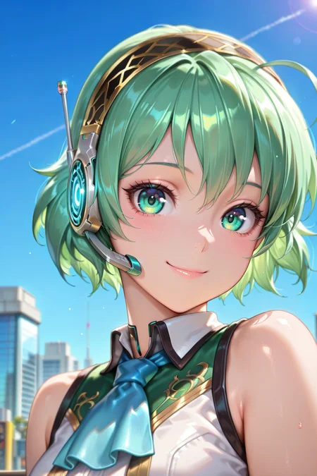 masterpiece, best quality, amazing quality, very aesthetic, absurd, newest, (solo), <lora:noobai_vpred_1_masterpieces_v23:0.8>, looking at viewer, <lora:LinIL:0.8> , lindef, 1girl, solo, green hair, short hair, green eyes, hairband, headset, antennae, radio antenna, blue ascot, bare shoulders, vest, white vest, white shirt, shirt, collared shirt, sleeveless shirt, smile, face, portrait, indoor, office, cyberpunk, blue sky, neon,