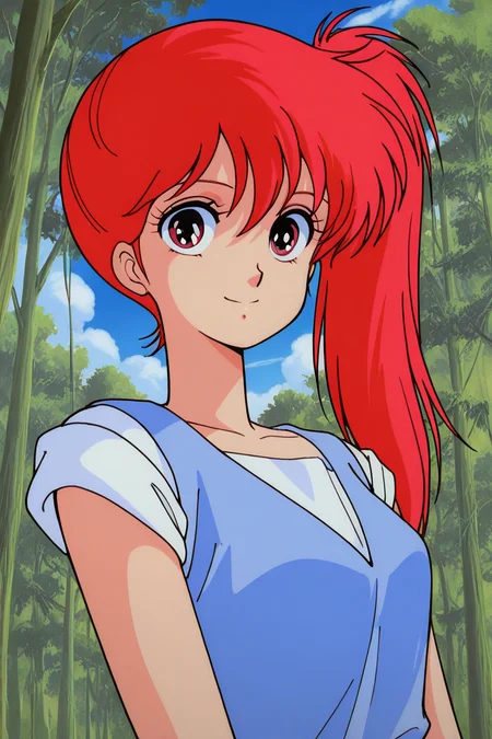 masterpiece, best quality, source_anime,official art,perfect_anatomy,1990s_\(style\),retro_artstyle,1girl,youko_asagiri,red hair,side ponytail,long hair,(beautiful detailed face,looking_at_viewer,smile),upper_body,day,blue_sky,cloud,forest,nature