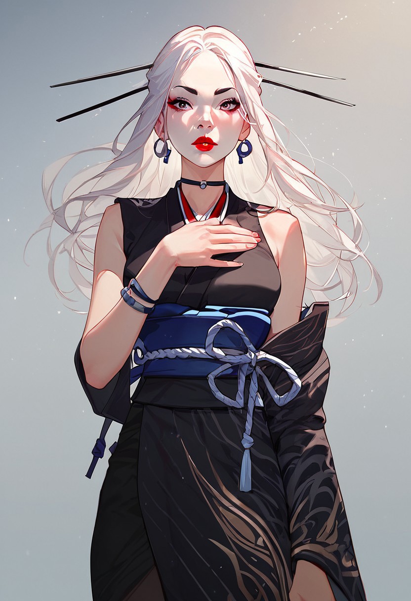 score_9,score_8_up,score_8,score_9,(((pastel colors, high contrast,expressiveh,solo focus, ))), (1girl, standing, looking at viewer)  rimlight, asian, Kuroku, Japanese clothes, black clothes, large sleeve, long hair, white hair, red lipstick, hair ornament, museum background, white sash, kimono, one arm sleeveless, crazy expression, holding kunai,