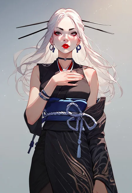 score_9,score_8_up,score_8,score_9,(((pastel colors, high contrast,expressiveh,solo focus, ))), (1girl, standing, looking at viewer)  rimlight, asian, Kuroku, Japanese clothes, black clothes, large sleeve, long hair, white hair, red lipstick, hair ornament, museum background, white sash, kimono, one arm sleeveless, crazy expression, holding kunai,