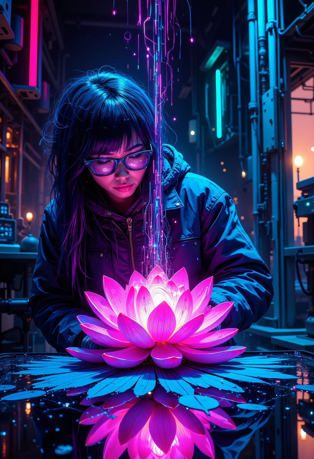 A fantastic art splash in the style bo-cyborgsplash, Android scientist analyzing a bioluminescent lotus flower in a research facility, glowing circuits running through its petals, digital pollen floating in the air, glitch effects, cyberpunk ambiance, color explosion, neon lighting, soft reflections.<lora:boFLUX Cyborgsplash.safetensors:1.0:1.0>
