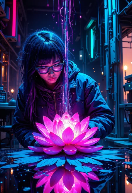 A fantastic art splash in the style bo-cyborgsplash, Android scientist analyzing a bioluminescent lotus flower in a research facility, glowing circuits running through its petals, digital pollen floating in the air, glitch effects, cyberpunk ambiance, color explosion, neon lighting, soft reflections.<lora:boFLUX Cyborgsplash.safetensors:1.0:1.0>