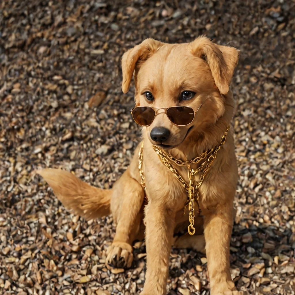 A golden retriever with gold chains and aviator sunglasses, rubbing his paws