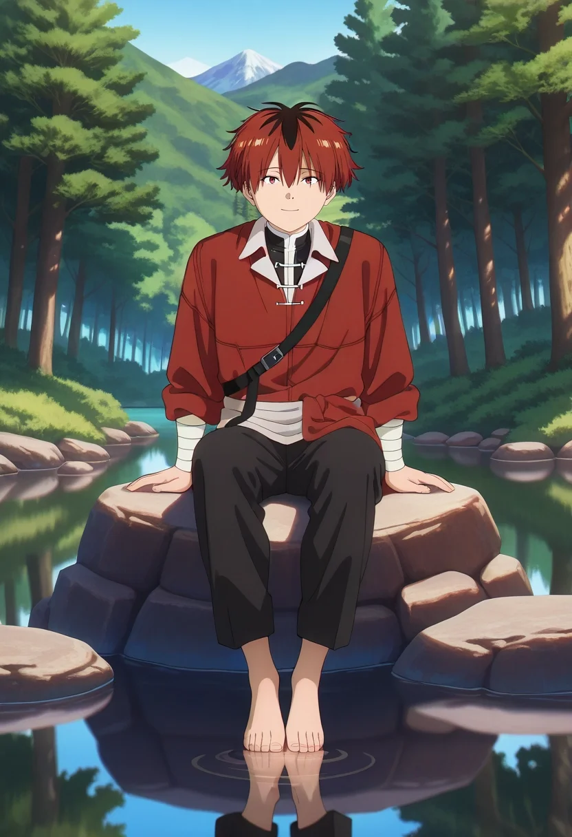 masterpiece, best quality, , anime screencap, anime coloring, , looking at viewer, , 1boy, solo, male focus, <lora:stark_sousou_no_frieren_ilxl:1>, stark_sousou_no_frieren, red hair, red eyes, short hair, bangs, hair between eyes, multicolored hair, two-tone hair, black hair, lake, stone, calm water, forest, mountain, reflection, sitting, afternoon, peaceful smile, dangling feet, Utility joggers, Maroon Jacquard Graphic long-sleeve shirt, Moccasins, , and