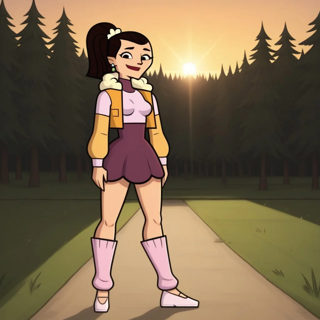 score_9, score_8, BREAK, solo, crop top, long sleeves undershirt, sleeveless mini jacket, 1girl, skirt, slippers, toeless legwear, dark brown hair, ponytail, blue eyeshadow, lipstick, makeup, earrings, black eyes, breasts, total drama, Josee_(Total_Drama), tdtrr, sexy pose, smile, outdoors, sunlight, shadows, evening lighting, natural lighting, forest, trees, grass, orange sky, sunset
