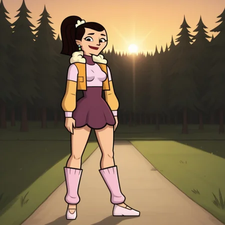 score_9, score_8, BREAK, solo, crop top, long sleeves undershirt, sleeveless mini jacket, 1girl, skirt, slippers, toeless legwear, dark brown hair, ponytail, blue eyeshadow, lipstick, makeup, earrings, black eyes, breasts, total drama, Josee_(Total_Drama), tdtrr, sexy pose, smile, outdoors, sunlight, shadows, evening lighting, natural lighting, forest, trees, grass, orange sky, sunset