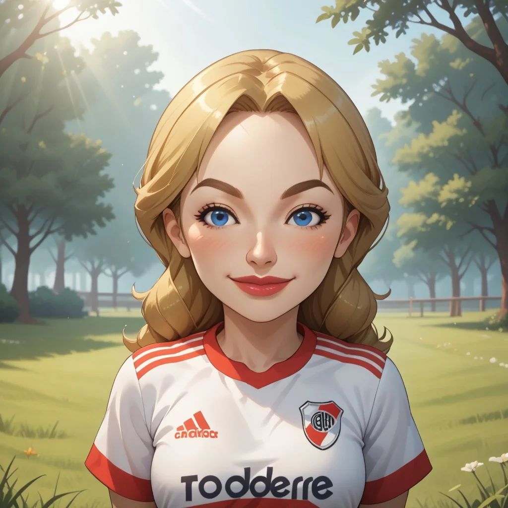 score_9, score_8, BREAK, solo, mii, wii, wii sports, female mii, 1girl, cute, blonde hair, dark blonde eyebrows, white skin, blue eyes, big lips, blush, RiverPlate, striped shirt, striped, shirt, white shirt, short sleeves, clothes writing, sportswear, soccer uniform, Julie_(\Wii_Sports\), Nintendo Mii, modern_mii, classic_mii, breasts, adult female, mature female, sexy pose, self portrait, smile, outdoors, sunlight, shadows, evening lighting, natural lighting, forest, trees, grass, orange sky, sunset