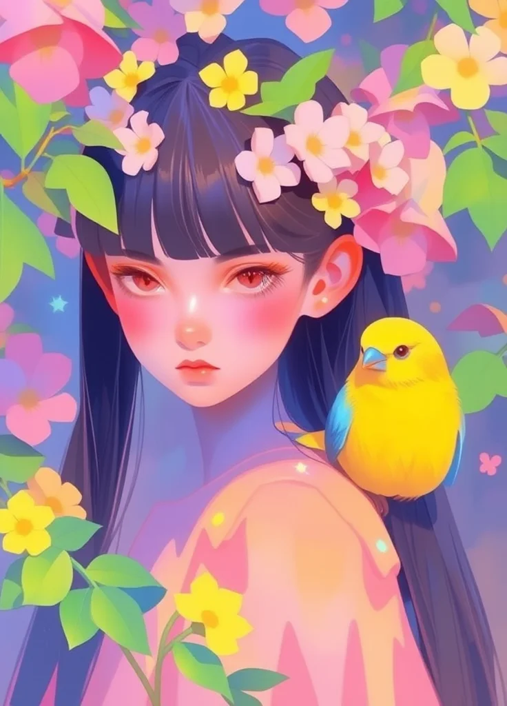 The image is a digital illustration of a young girl with long dark hair and a flower crown on her head. She is wearing a pink dress with a yellow and blue bird perched on her shoulder. The girl is looking directly at the camera with a serious expression on her face. The background is filled with pink and yellow flowers and green leaves. The overall mood of the image is peaceful and serene.
it is a vibrant, dreamy, whimsical and clear masterpiece full of details and high quality creating a serene and peaceful scene with glistening lights.