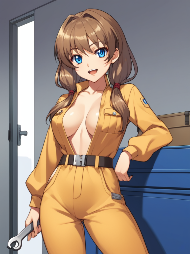 score_9, score_8_up, score_7_up, score_6_up, BREAK masterpiece, perfect face, perfect hands, high quality, source_cartoon, BREAK (1girl, solo,) <lora:Renka_Misaki_-_Akiba_Girls:1> renka, long hair, brown hair, twintails, blue eyes, (mechanic jumpsuit, long sleeves, long pants,) plunging cleavage, belt, toolbelt, garage, toolbox, naughty face, holding a wrench,