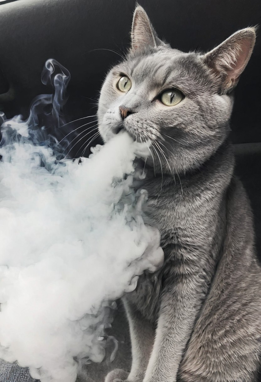 <lora:VapeXL-08:1.0> VapeXL, grey cat blowing smoke