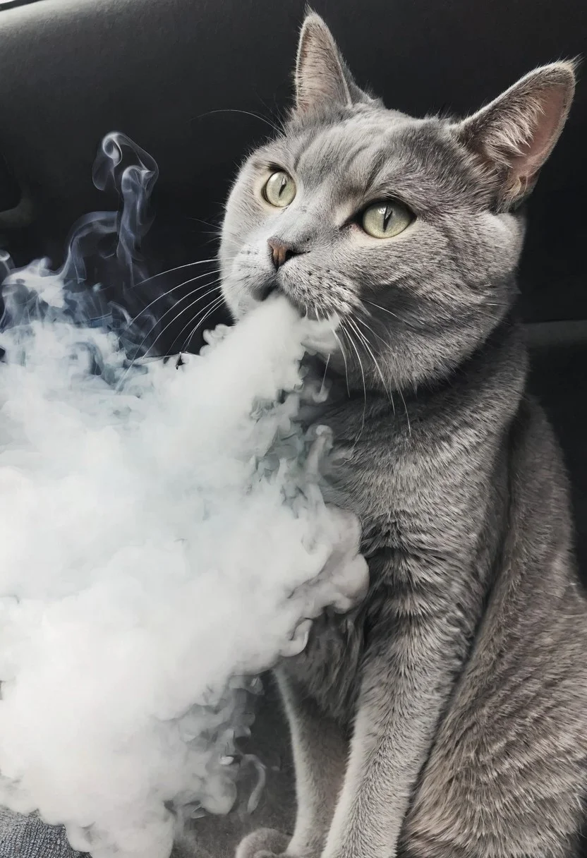 <lora:VapeXL-08:1.0> VapeXL, grey cat blowing smoke