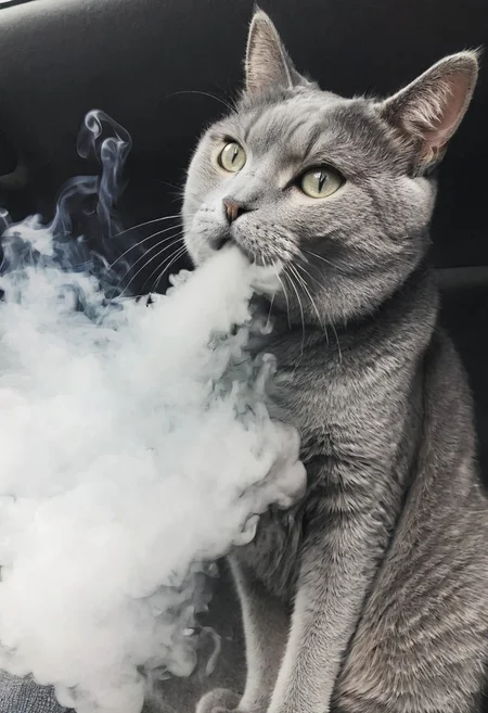 <lora:VapeXL-08:1.0> VapeXL, grey cat blowing smoke