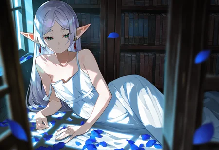 frieren, 1girl, artist:[yoneyama mai|fuzichoco|lam \(ramdayo\)|diyokama], strap slip, solo, long hair, white dress, parted bangs, indoors, bare shoulders, closed mouth, green eyes, window, window shadow, light rays, blurry foreground, bare arms, spaghetti strap, bookshelf, small breasts, sleeveless dress, grey hair, collarbone, on side, looking away, sleepy, arm support, blue petals, dark, high contrast, 
masterpiece, best quality, very aesthetic, absurdres
<lora:noobai_vpred_1_masterpieces_v23:1>