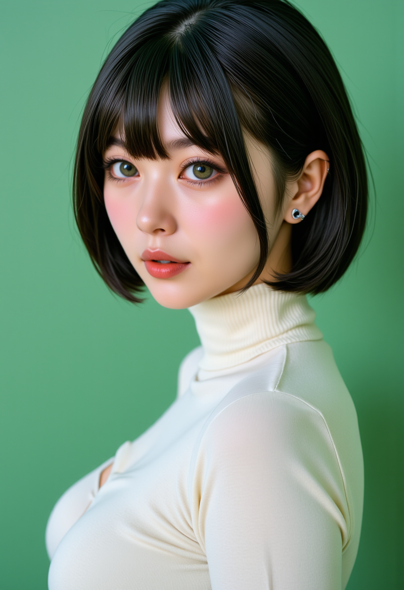 Headshots,masterpiece, a beautiful woman,Hyperrealistic, she is smiling, dynamic angles, multiple angles, photoshoot poses; A photo of Karendoll, a woman with short hair, and green eyes, she has massive breasts, a beautiful girl,she is wearing a white turtleneck sweater.she has massive breasts, she has piercing eyes. a dynamic pose and a sense of action. simple green background, and the lighting is soft, creating a dramatic effect, creating a focused and dynamic pose.; the scene is set in a beautiful well-lit environment, with a sense of action and adventure. Style: realistic hyper-detailed rendering, 32k UHD, expressive eyes, punk, graphic design, girl's face, pretty and cute, gleaming lips, telling a tale of adventure. Exuding confidence and serenity. The overall mood of the image is happy and relaxed, detailed skin texture,(blush:0.2),(goosebumps:0.3), subsurface scattering,with a playful and whimsical tone,perfect hand, hand, detailed hand,niji style,retro50s_style,