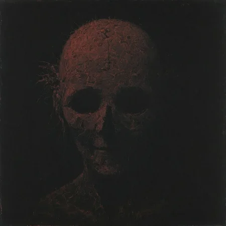 the face of a forgotten god
easynegative, digital artwork by Beksinski, vntblk, black and red, dark, background, smile,