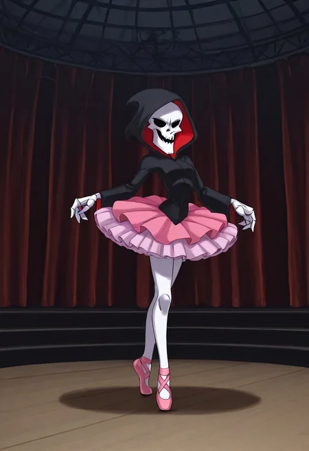Masterpiece, best quality, highly detailed, Gr1m, RPR, solo, anime style, Grim reaper, pink tutu, performing pirouette, on stage, detailed background, ballet,