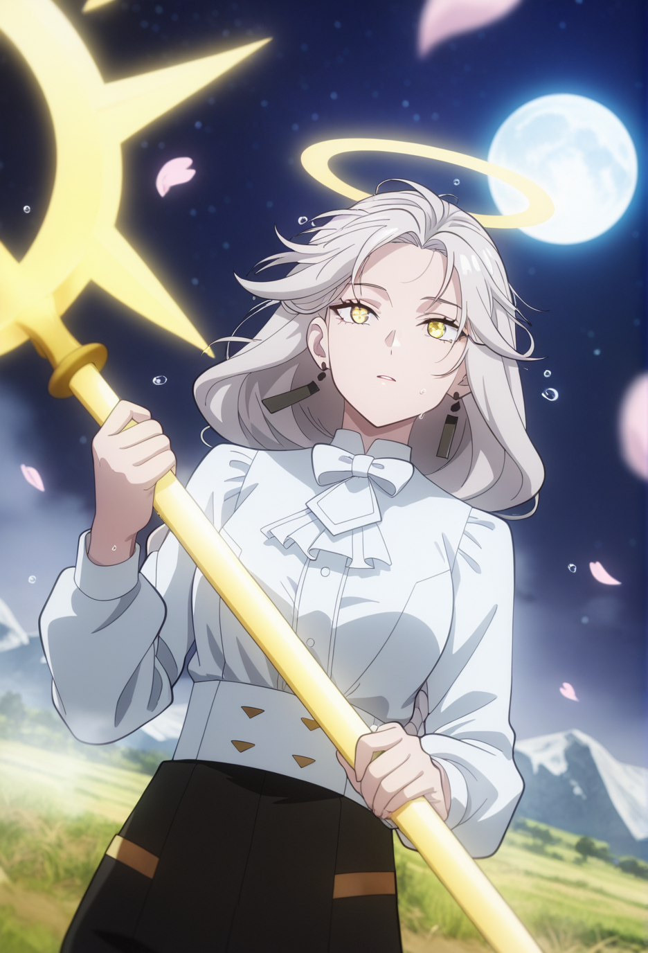 official style,(anime coloring:1.6),(anime screencap) masterpiece,masterpiece,best quality,very aesthetic,
absurdres,highres,
maiden,slim figure,medium breasts,<lora:detailed hand focus style illustriousXL v1:0.5>,detailed,
gradient background,backlighting,cinematic_angle,1girl,solo,
<lora:To Be Hero X-QueenV1-Nuclear1811-IL:0.8>,Queen-Liu,yellow eyes,grey hair,long hair,bangs,hair over shoulder,braid,single braid,ch2,ch2 jewelry,ch2 earrings,ch2 ascot,ch2 white ascot,ch2 frills,ch2 bow,ch2 white bow,ch2 bowtie,ch2 white bowtie,ch2 shirt,ch2 white shirt,ch2 collared shirt,ch2 long sleeves,ch2 pants,ch2 black pants,ch2 high-waist pants,ch2 shoes,black footwear,ch2 boots,ch2 calf boots,ch2 high heel boots,wp1 weapon,wp1 spear,wp1 polearm,
stars in the eyes,messy floating hair,colored inner hair,Starry sky adorns hair,(lots of big colorful Bubble),(pearl),(Galaxy),depth of field,((water drops)),wet clothes,((beautiful detailed water)),((floating)),dynamic angle,((moon)),starry sky,(lighting particle),fog,snow,(bloom),beautiful detailed pampas grass field,open hakama,surrounded by floating sakura,yellow full moon,beautiful detailed dark midnight sky,messy white long hair,(sunlight),(angel),dynamic angle,floating,wing,halo,floating white silk,(Holy Light),silver stars,((breeze)),flying splashes,flying petals,wind,(((messy hair)),(grassland),(yellow eyes),incredibly absurdres,(gold hair),floating hair,Large number of environments,the medieval ,grace,prospect,water eyes,wind,breeze,god ray,lawn,Mountains and lakes in the distance,The sun shines through the trees,A vast expanse of grassland:1.2),
