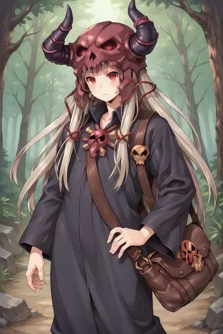 (score_9, score_8_up, score_7_up, score_6_up), source anime, BREAK, <lora:Necromancer:0.75> , necdef, 1boy, red eyes, long hair,  grey hair, horned helmet, skull brooch, collared robe, black robe, long sleeves, bag, looking at viewer, solo, smile, (face), <lora:zy_Detailed_Backgrounds_v1:0.3> , detailed background, highly detailed, outdoors, forest,  <lora:90s4n1m3XLP:0.6> , 90s4n1m3,