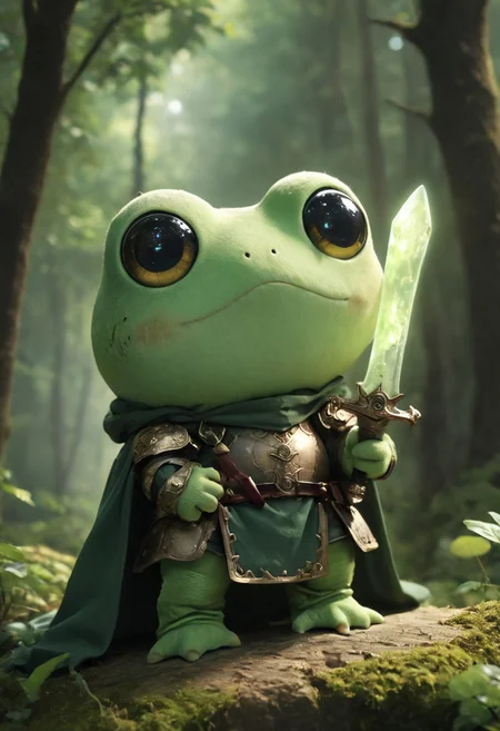 Cute Animals page: A captivating photograph featuring Keroppi, a frog character with large eyes and a V-shaped mouth, reimagined as a weathered Chibi Knight ral-plsy plush figure. Its ancient plush form is adorned with glass eyes and a giant mystical ethereal translucent dark-red sword, a creation from the visionary Junji Ito. This masterpiece exudes detailed artistry and is captured in HD, RAW image, showcasing top-tier craftsmanship.
Bask in the atmospheric lighting and cinematic composition, with a complex interplay of multiple subjects. This 4K HDR image bursts with vibrancy and intricate detail, captured through the lens of a Leica Q2 with a Summilux 35mm f/1.2 ASPH. The ultra-high resolution and rich textures bring every facet to life, from the hyper-detailed eyes to the elaborate background.
Admire the dramatic angles and epic composition, all rendered in hyperrealistic glory. This high-quality, 8K RAW photograph is the epitome of visual excellence, making it a perfect wallpaper for those who appreciate the fusion of ancient mystique and sweet charm.