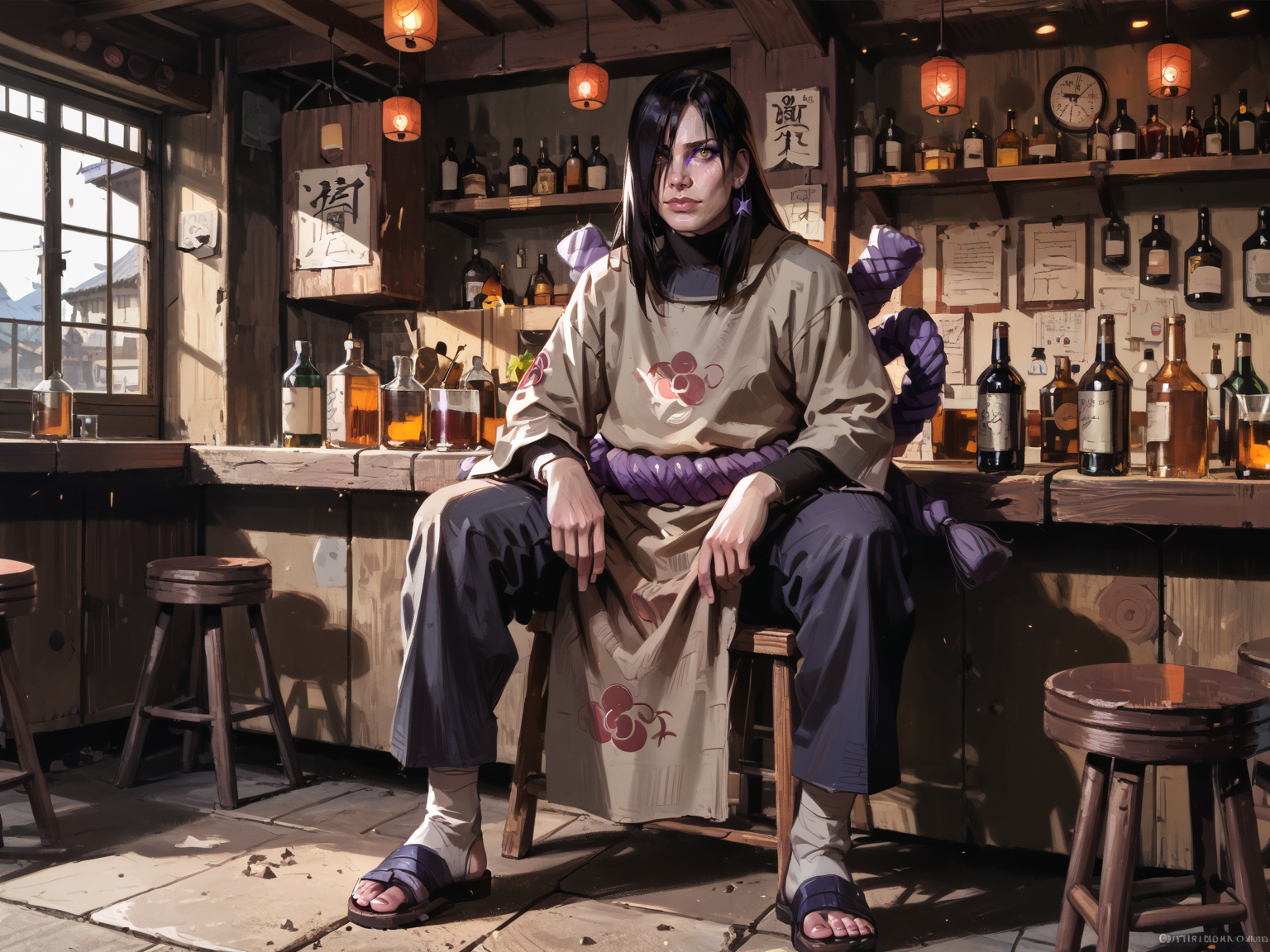 <lora:NarutoConceptStyle:0.8>,  <lora:OrochimaruV1:0.8>, adult man, oroch1maru, yellow eyes, slit pupils, black hair, long hair, purple eyeliner, hair over one eye, pale skin, tan tunic, long sleeves, purple rope belt, pants, sandals, earrings, sitting, village, bar, sakazuki, indoors, solo, ninja, japan, medieval, <lora:AlexanderMandradjiev:0.8>, zPDXL3, score_9, score_8_up, score_7_up, score_6_up, score_5_up, score_4_up, realistic, real, hyper realistic, (source_real:1.3)