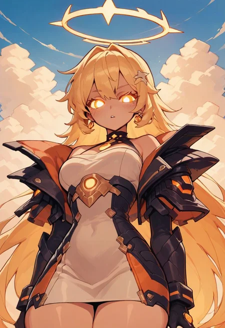 score_9, score_8_up, score_7_up, 1girl, 8k detail, anime, hentai, official art, blonde hair, boxy figure, glowing eyes, halo