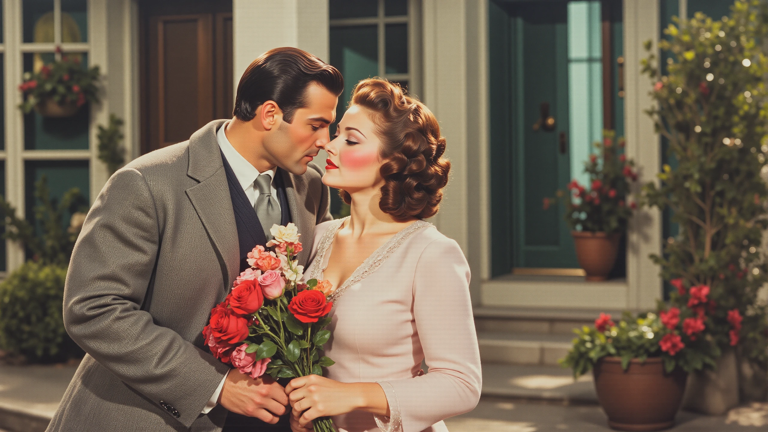 A man in love kissing and offering his girlfriend a bouquet of roses on Valentine's Day in the street  on Valentine's Day beautiful  landscape, day, very intricate, very detailed, sharp, bright, colorful, <lora:Hand v2:0.5> <lora:Anti-Blur:1><lora:Insane Detail Slider:0.25>  <lora:flux.1_lora_flyway_Epic-detail_v2:0.3> <lora:fluxenhancer:0.25> <lora:30sTechnicolorMovieV2:1> ArsMovieStill, movie still from a 1930s technicolor movie