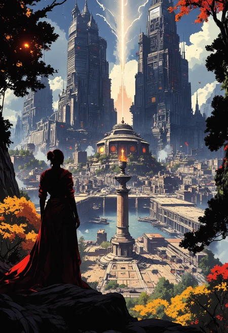 Image is an extreme wide angle shot digital fantasy artwork featuring an over the shoulder view of a beautiful woman looking out at an epic fantasy city. Its the capital city to a magical empire. The city is a large port city with ships coming and going. Magic and technology merge to form this utopia. There are large ivory towers for the magical academy, military barracks for the army and a port for the fantasy ships. Several buildings are glass skyscrapers. The trees in the city are all manner of colors.