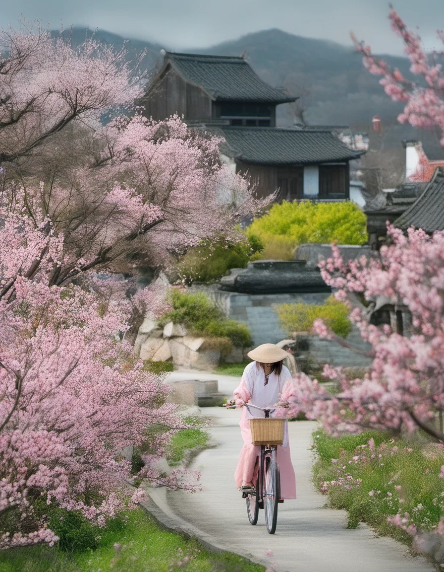 XLCNYoucaiHK,A vibrant photograph captures a serene scene in a Japanese countryside. A woman in a pink dress and wide-brimmed hat rides a bicycle along a winding road, surrounded by blooming cherry blossoms and bright yellow flowers. Traditional Japanese houses with tiled roofs and lush greenery fill the background, with distant mountains under a cloudy sky.
<lora:20250330-1743320668957:0.8>,