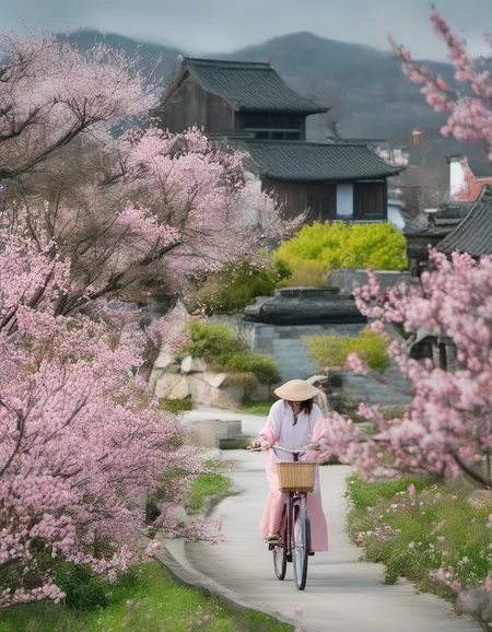 XLCNYoucaiHK,A vibrant photograph captures a serene scene in a Japanese countryside. A woman in a pink dress and wide-brimmed hat rides a bicycle along a winding road, surrounded by blooming cherry blossoms and bright yellow flowers. Traditional Japanese houses with tiled roofs and lush greenery fill the background, with distant mountains under a cloudy sky.
<lora:20250330-1743320668957:0.8>,