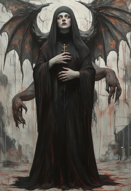 A surreal gothic digital illustration inspired by Hieronymus Bosch’s nightmarish figures and Bridget Riley’s dynamic optical illusions, depicting an unholy nun with pale, cracked porcelain skin and angular, blasphemous elegance. She stands rigid at the center, clad in a tightly fitted black habit that flows in angular, sharp folds, with blood-red stitching tracing jagged, vein-like patterns along the hem and cuffs, resembling dripping corruption. Her veil cascades like the dark wings of a fallen angel, framing a face that is both alluring and horrifying, with crimson lips, hollowed eyes devoid of pupils, and faint cracks spreading across her white visage. An inverted crucifix rests against her chest, sealing her ominous presence. The background is dominated by a pulsating optical illusion inspired by Riley’s "Movement in Squares," but reimagined with sharp, chaotic black-and-white lines radiating outward in broken geometries that warp violently, pulling the viewer’s gaze into a dark central void. Behind her looms a devil-like figure with grotesquely elongated limbs, razor-sharp claws, and a twisted, fiery grin, its fiery red eyes appearing to pierce the illusion. The cold, cracked stone floor beneath her glows faintly with crimson veins, rooting the composition in infernal energy. The fusion of distorted geometry, gothic detailing, and surreal dread creates a masterpiece of eerie tension. HD, 8K quality, ultra-detailed, gothic surrealism, flawless composition.