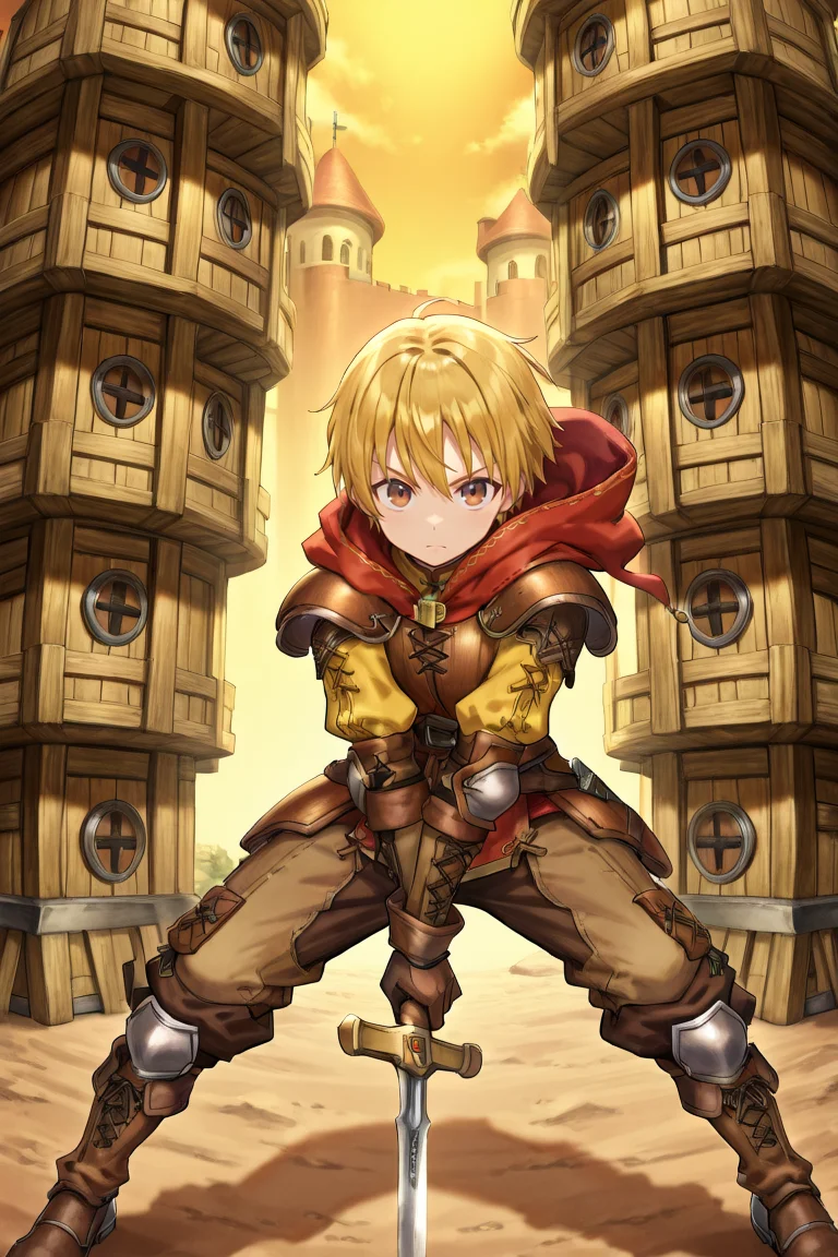 <lora:Canaan:0.9> , CaDef, solo, 1boy, brown eyes, short hair, blonde hair, red hood, hood down, shoulder pads, elbow pads, armor, brown pants, capri pants, brown armor, cross-laced clothes, yellow sleeves, brown gloves, gloves, armored boots, brown boots, boots, looking at viewer, serious, wooden fortress, sword stance, holding sword, sword, looking at viewer,, solo, masterpiece, very aesthetic, absurdres, best quality, amazing quality, high resolution, detailed background, <lora:illustrious_quality_modifiers_masterpieces_v1:0.8> , <lora:ChamIllustriousBackgroundEnhancer:0.5>