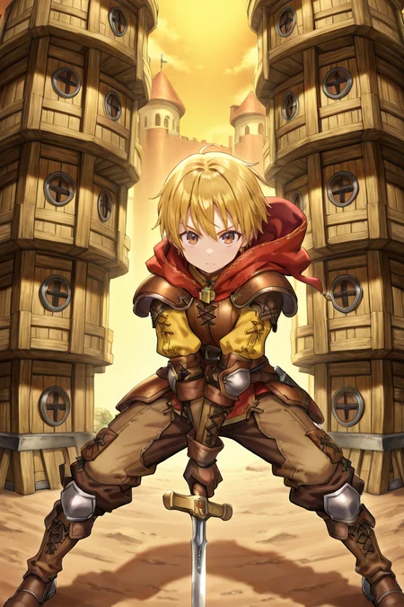 <lora:Canaan:0.9> , CaDef, solo, 1boy, brown eyes, short hair, blonde hair, red hood, hood down, shoulder pads, elbow pads, armor,  brown pants, capri pants, brown armor, cross-laced clothes, yellow sleeves, brown gloves, gloves, armored boots, brown boots, boots,  looking at viewer, serious, wooden fortress, sword stance, holding sword, sword, looking at viewer,,  solo, masterpiece, very aesthetic, absurdres, best quality, amazing quality, high resolution, detailed background, <lora:illustrious_quality_modifiers_masterpieces_v1:0.8> , <lora:ChamIllustriousBackgroundEnhancer:0.5>