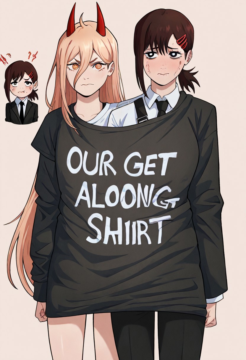 masterpiece, best quality, newest, absurdres, highres, anime, anime style, OurGetAlongShirt-V1.0, text (our get along shirt), English text, text, shirt, clothes writing, 2girls, multiple girls, 
1girl, power \(chainsaw_man\), demon horns, long hair, blonde hair, very long hair, red horns, black necktie, horns, cross-shaped pupils, shirt,
BREAK 1girl, higashiyama kobeni \(chainsaw_man\), brown hair, collared shirt, black necktie, black jacket,