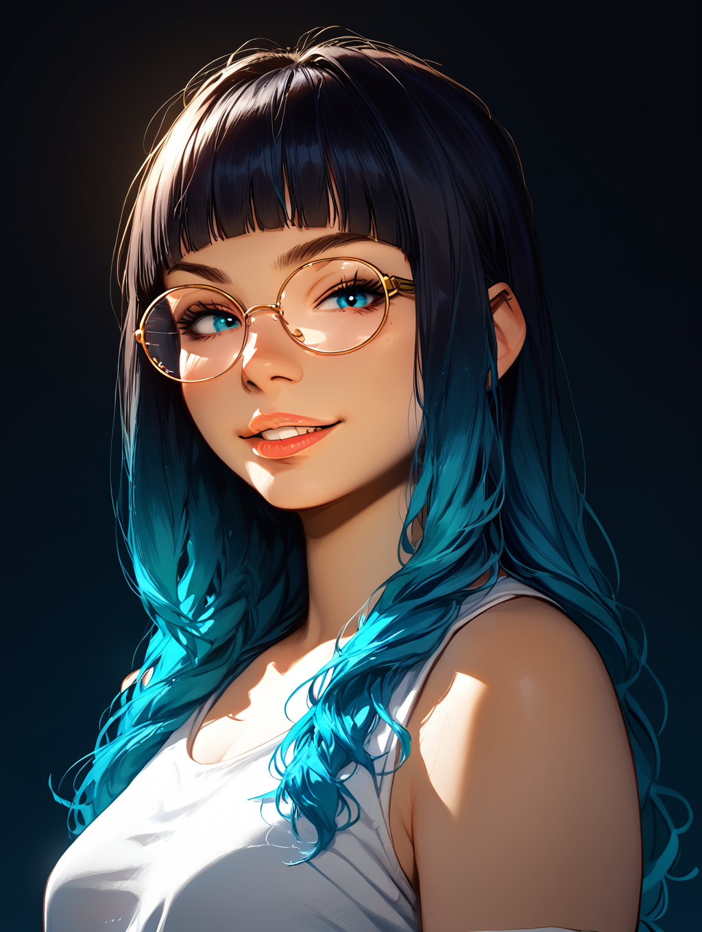 score_9, score_8_up, score_8_up, perfect drawing, sharp lines, absurdres, source_anime,
1girl, tank top, small breasts, naughty face, chubby face, round cheeks, round eyewear, jitome, looking at viewer, smirk, loose clothes,  parted lips, hime cut, long hair, gradient hair,  
 Dynamic lighting, shading, detailed, from side, cowboy shot, dutch angle, 
 portrait, simple background, gradient background, 1980s \(style\), 
d3t41l3d,  <lora:incase_style_v3_ponyxl_ilff:0.6>, <lora:d3t41l3dXLP:0.6>, zPDXL2,