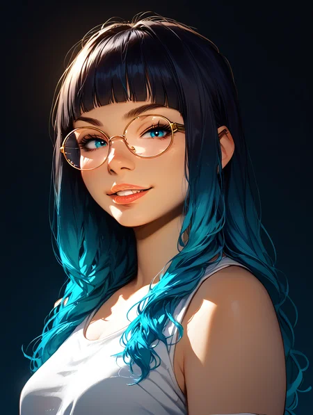 score_9, score_8_up, score_8_up, perfect drawing, sharp lines, absurdres, source_anime,
1girl, tank top, small breasts, naughty face, chubby face, round cheeks, round eyewear, jitome, looking at viewer, smirk, loose clothes,  parted lips, hime cut, long hair, gradient hair,  
 Dynamic lighting, shading, detailed, from side, cowboy shot, dutch angle, 
 portrait, simple background, gradient background, 1980s \(style\), 
d3t41l3d,  <lora:incase_style_v3_ponyxl_ilff:0.6>, <lora:d3t41l3dXLP:0.6>, zPDXL2,