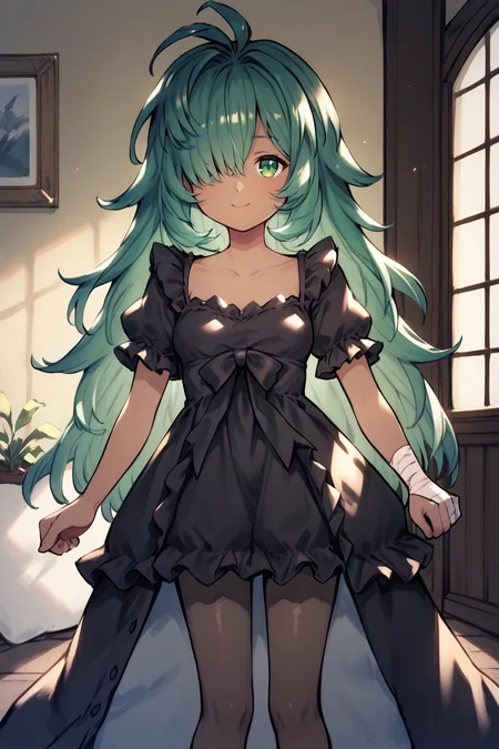 score_9, score_8_up, score_7_up, score_6_up, score_5_up, source anime, small breasts, looking at viewer, cowboy shot, solo, <lora:Kolulu_Granblue_Fantasy:0.65> , kolulu \(granblue_fantasy\), koluludef, (dark skin), green hair, green eyes, long hair, bandages, hair over one eye, <lora:anapijama:0.8> , anapijama, living room, smile, <lora:hand 4:0.7> , Hand, hands, perfect hands, <lora:LFashionPDXL:1> , zzLFashion, frilled dress, black dress, long dress, frills, bow, dress, pantyhose,