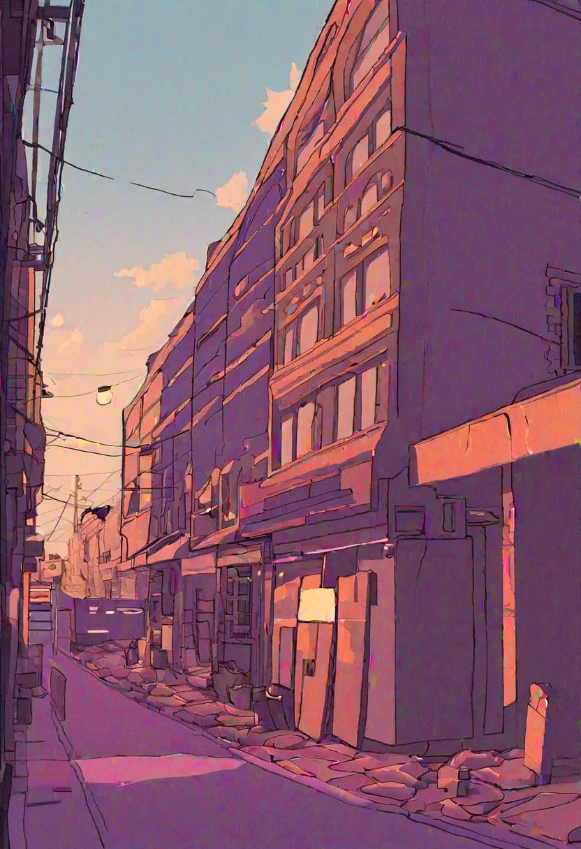 Lo-Fi background
Sketchy Lines
Limited Palette
Imperfections
Expressive Shapes
Muted Tones
Analogous Harmony
Textured Application
Distressed Textures
Low-Tech Materials
Digital Lo-Fi
Empty Street, convenience store ,dim light street light, black anime solo, sky, cloud, indoors, pillow, no humans, window, bed, moon, curtains, building, scenery, sunset, city, sun, cityscape, bedroom, purple sky