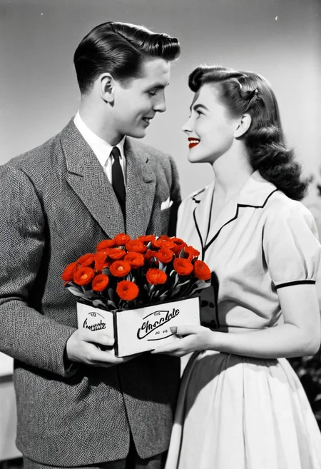1girl and 1boy in love in the 1950s holding red flowers and a box of chocolate