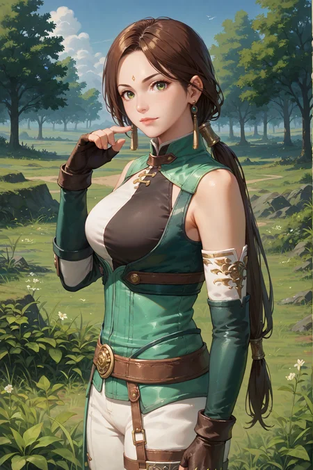 score_9, score_8_up, score_7_up, masterpiece, <lora:Yueying_Dynasty_Warriors:0.8> 1girl, solo, green eyes, brown hair, long hair, ponytail, earrings, jewelry, fingerless gloves, looking at viewer, outdoors