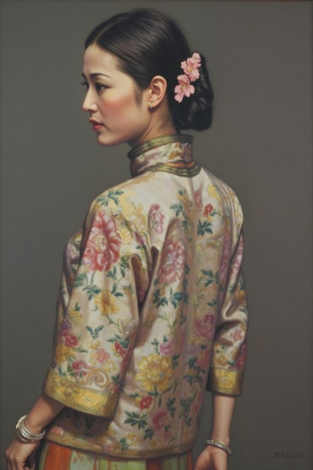 chenyifei1 painting.
A woman, her back to the viewer, gazes slightly to her left. Her dark hair is styled in an elegant updo adorned with a pink flower on the right side. She is wearing a traditional cheongsam.
 <lora:chenyifei1_cap_d6a3:1.0><lora:839135356067663247:0>