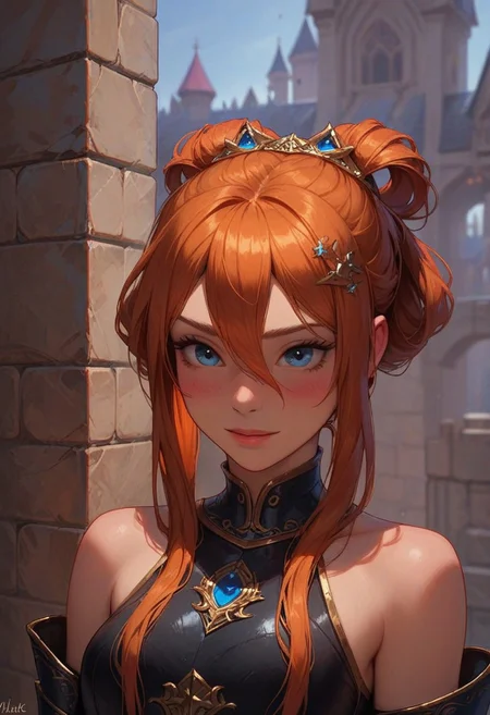 score_9, score_8_up, score_7_up, score_6_up, 
1girl, 25 years old, perfect face, (adult), cute, petite, close view, 
blue eyes, 
orange hair, hair between eyes, hair rings, sidelocks, golden hair ornament, 
armor, black armor, bare shoulders, sleeveless, blush, shy smile, 
portrait, face focus, detailed face,
medieval castle, stone walls,