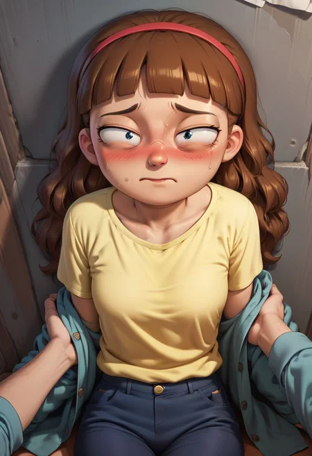 score_9, score_8_up, score_7_up, 1girl, morticiasmith, brown hair, hairband, yellow shirt, blue pants, undressing, blush on face,