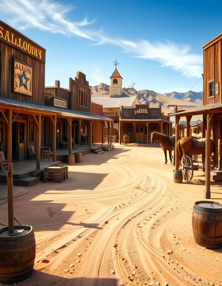 A classic Wild West town in the late 1800s, surrounded by arid desert and towering rock formations. The dusty main street is lined with wooden buildings, including a saloon with swinging doors, a sheriffâs office with a star emblem, a general store with a wooden sign, and a blacksmithâs shop with tools hanging outside. Old-fashioned wooden wagons are parked along the street, and a few horses are tied to hitching posts. The atmosphere is lively, with cowboys wearing wide-brimmed hats, boots, and leather dusters walking around, some talking near the saloon while others ride horses. The sky is bright blue with a few wispy clouds, and the sunlight casts long shadows on the ground. In the background, a water tower stands tall, and a windmill slowly turns in the breeze. The scene is full of rustic details, evoking the adventurous spirit of the American frontier.<lora:SDXLFaeTastic2400:0.4> <lora:extremely_detailed:0.4> extremely detailed, <lora:Western_v1ll4g3:1>,Western v1ll4g3, Masterpiece,best quality,hi res,8k,hi res,8k,award winning,(sharp focus, intricate, highly detailed),