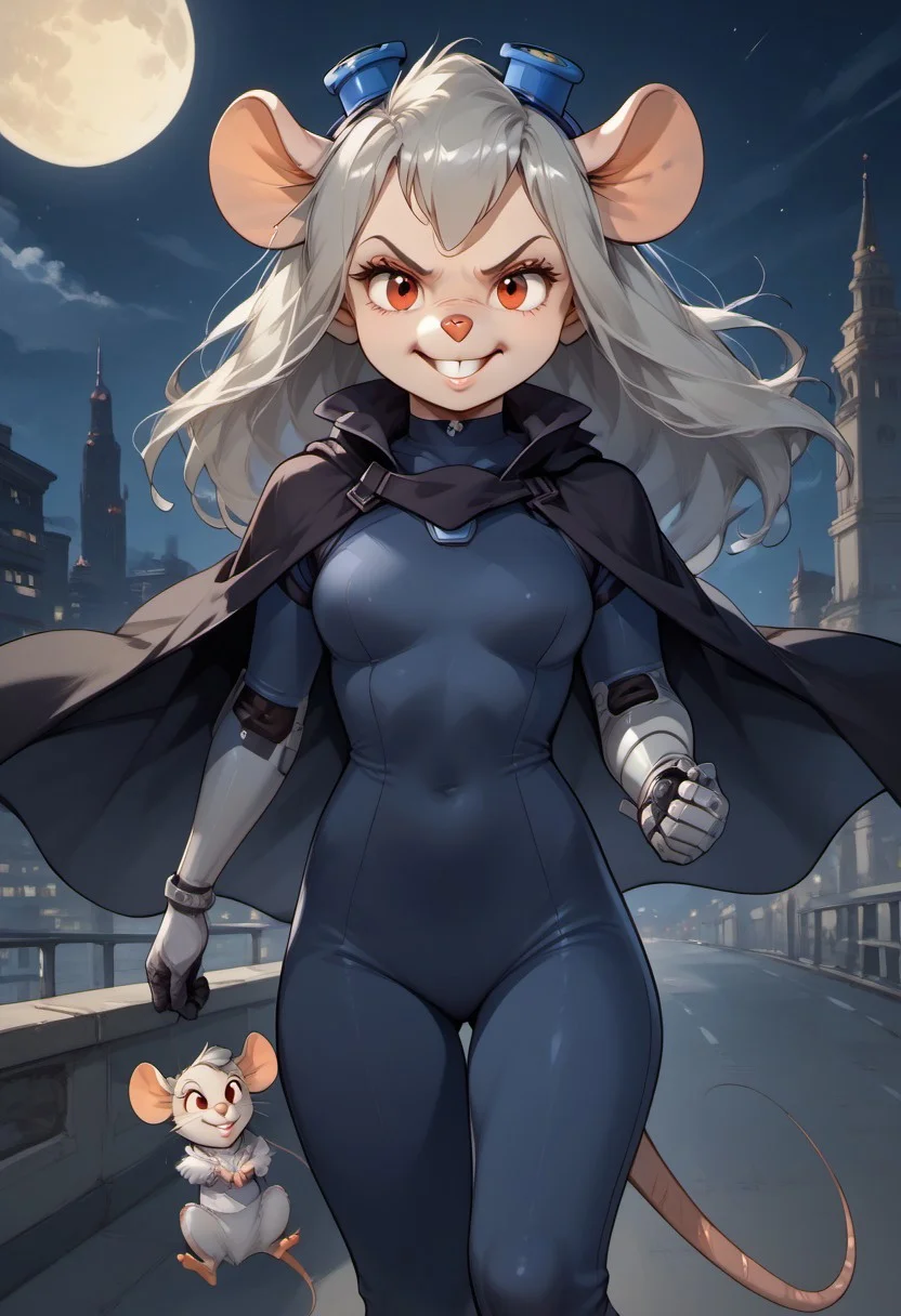 score_9, score_8_up, score_7_up, score_6_up, score_5_up, score_4_up
city, night, moon, moon light
widget_h0Ickwrench, black diving suit, mouse girl, anthro mouse, black cloak, light grey hair, long hair, red eyes, white fur
angry smile, looking at viewer, front view, close, mouse feet, bare foot, robotic arm, standing, clenched fist
