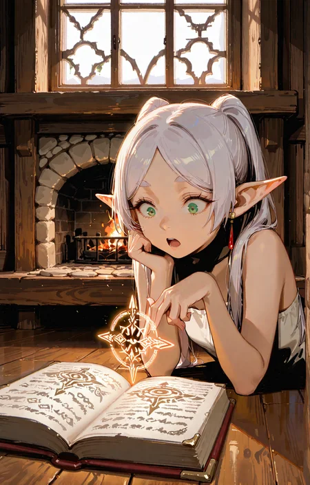 masterpiece, best quality, ultra-HD, volumetric lighting, absurdres, lowlighting , realistic body, highres, absurdres, full_body,
1girls, frieren, green eyes,Frieren indoors, sitting on floor, reading floating spellbook, mixing potions, glowing runes on floor, wooden cabin, fireplace, herbs hanging, magic circles on walls, shocked,surprised, , looking down, open_mouth, black_pantyhose, no_shoes,